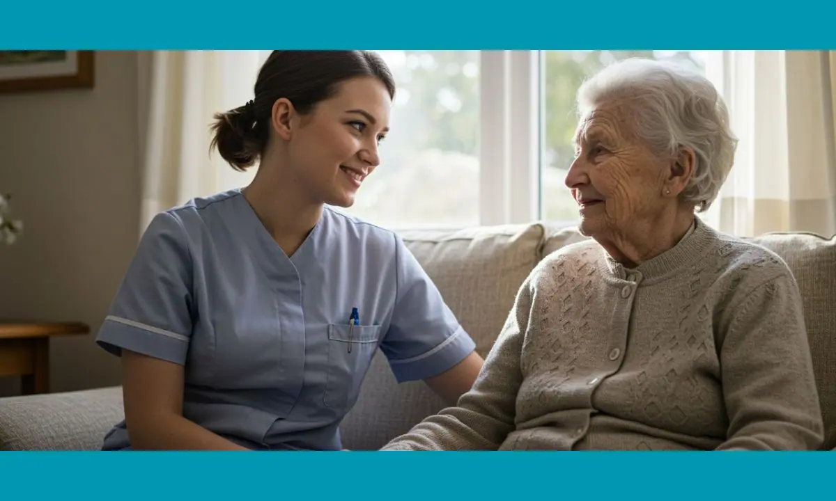 Cuidadora interna acompañando a una persona mayor durante el día